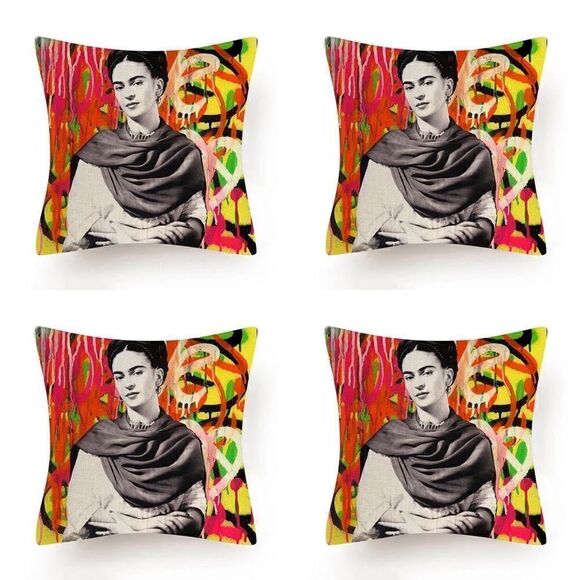 Set of 4 Graffiti Frida Kahlo Indoor/Outdoor Pillow Covers - Picture 1 of 2